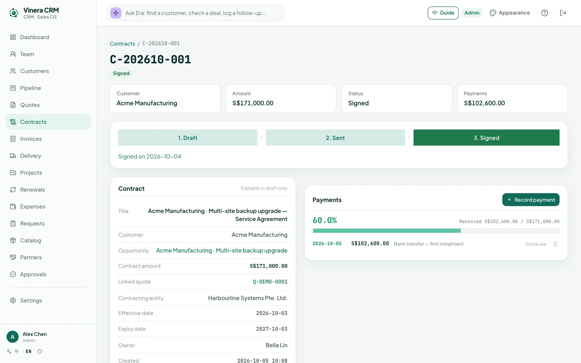 Contract detail showing signed status and payments received against the contract amount
