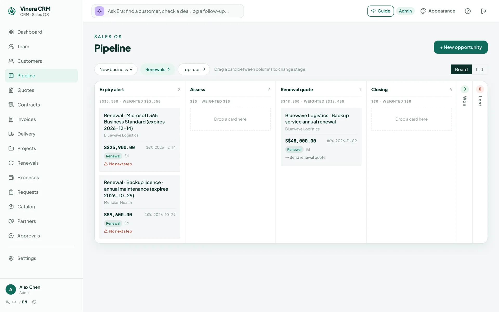 Renewal pipeline with expiry alert, assess, renewal quote and closing columns