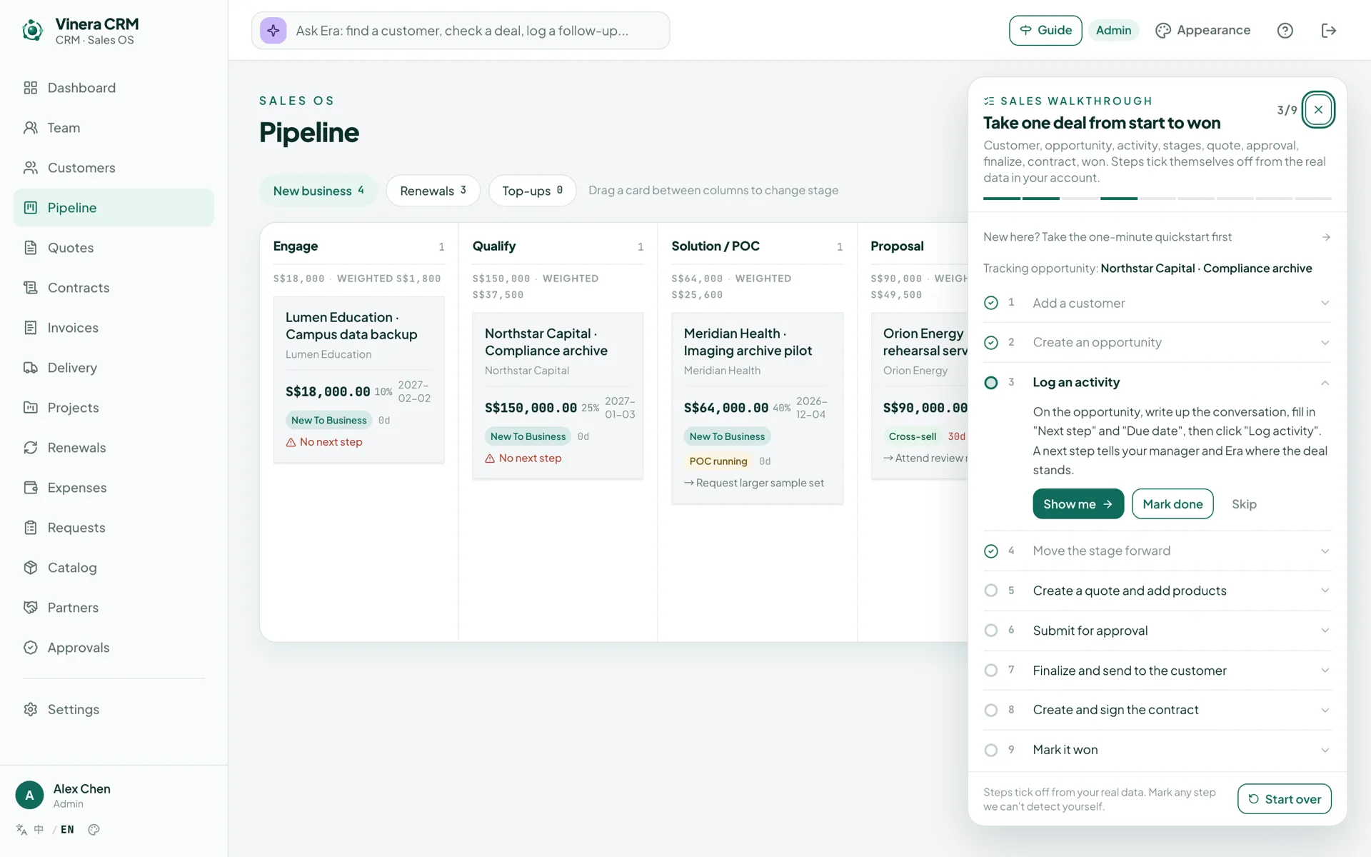 Pipeline board with one column per stage, amounts and weighted totals