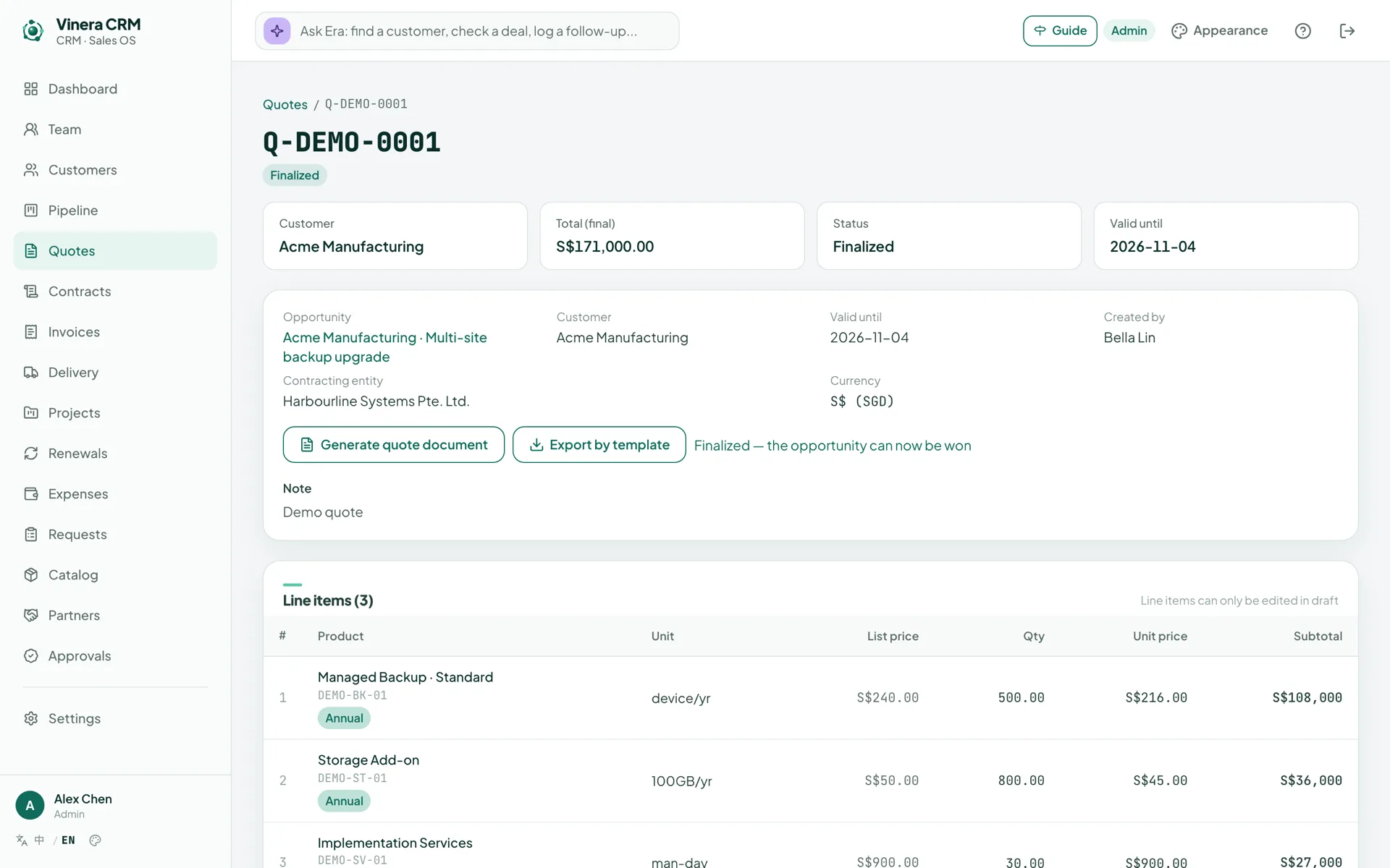 Finalised quote with line items, list price, unit price and subtotal